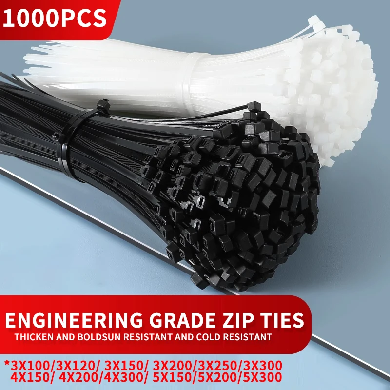 

1000Pcs Black & White Nylon Cable Ties Self-locking Wire Zip Set Kit 3*100 3*150 4*200 Industrial Supply Fasteners Cable Tie