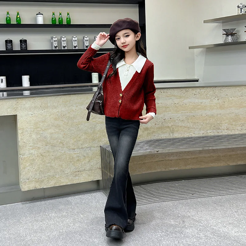 Girls' Fashionable Sweater Shirt Fake Two-Piece Set 2025 Spring New Slim Fit Denim Bell Bottom Pants