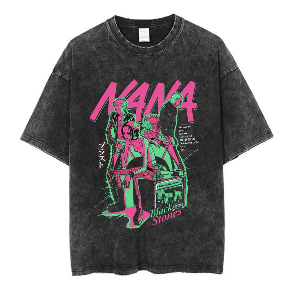 Japanese Anime Black Stones Nana Osaki Vintage Washed T-shirt Men Women Clothing Short Sleeve T-shirts 100% Cotton Loose T shirt