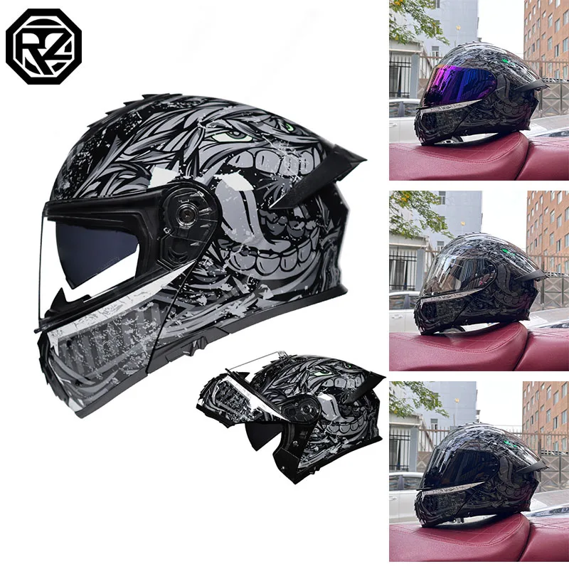 Vintage Style Full Face Helmet With Transparent Lenses Low Profile Flip Helmet Quick Release Buckle Men's Motorcycle Helmet