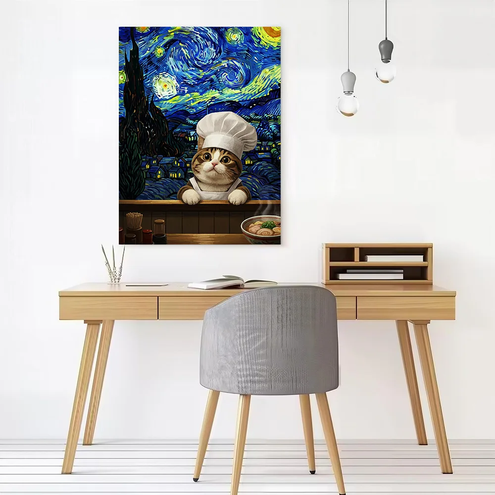 Cat Chef Van Gogh Style Printed Canvas Wall Art Customizable Paintings Poster Perfect Gift for Modern Home Decoration Ornaments