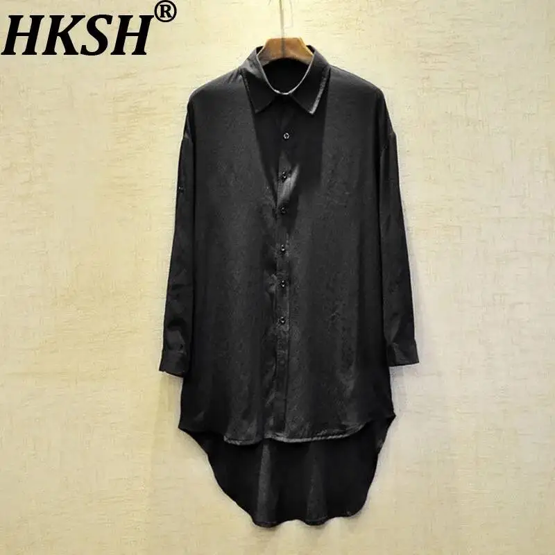 

HKSH Spring Summer New Men Tide Dark Mid-length Shirt Turn-down Collar Long Sleeve Casual Trend Punk Chic Ins Shirts Top HK22374