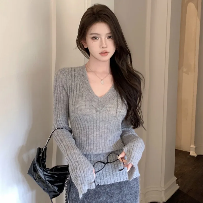 

ay V-Ne Knitwear Long Sve Base irt Women's Faion Spring Autumn Slim Fit Inner Wear Casual Sle Pure Color Top