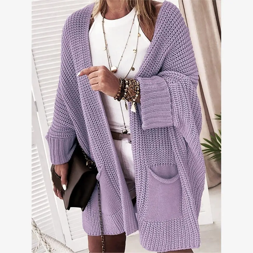 Maglione lavorato a maglia casual da donna Lungo Sve Maglieria di media lunghezza Cardigan aperto allentato Capispalla per i pendolari autunnali