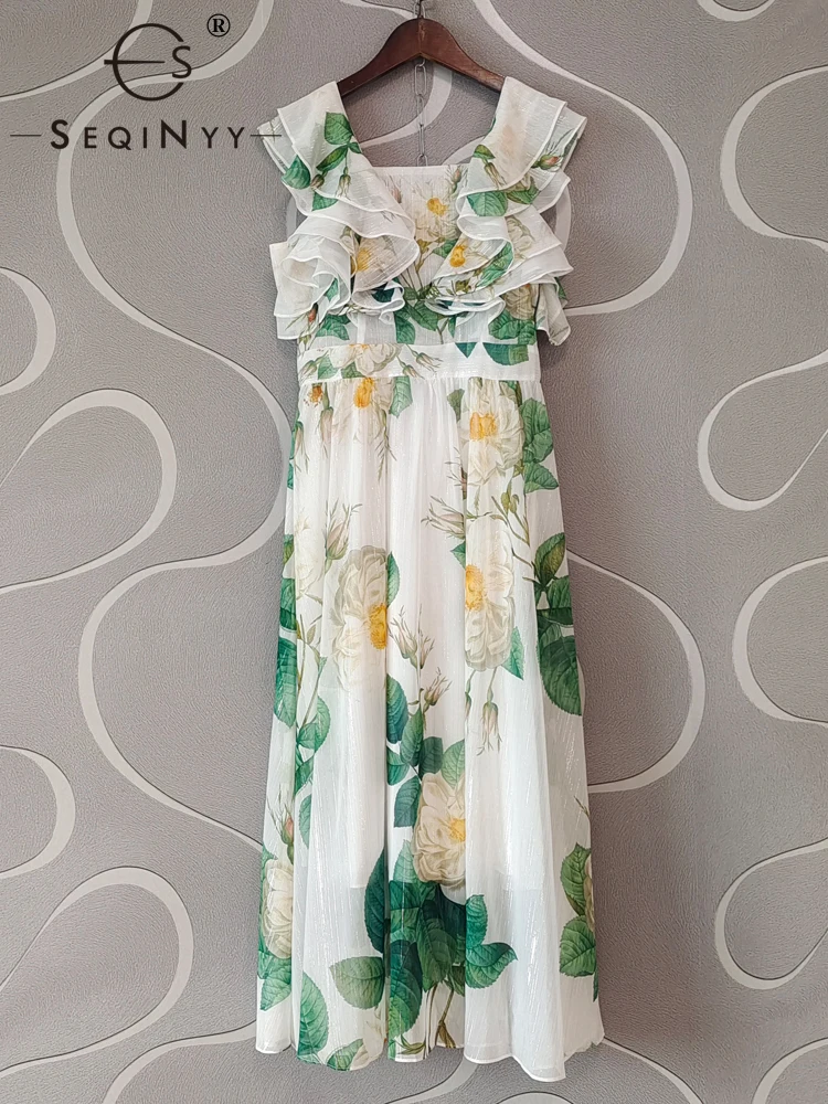 

SEQNYY Elegant Chiffon Dress for Women Flower Print A-Line Casual Ruffle Vintage Runway High Street Spring Summer New Fashion