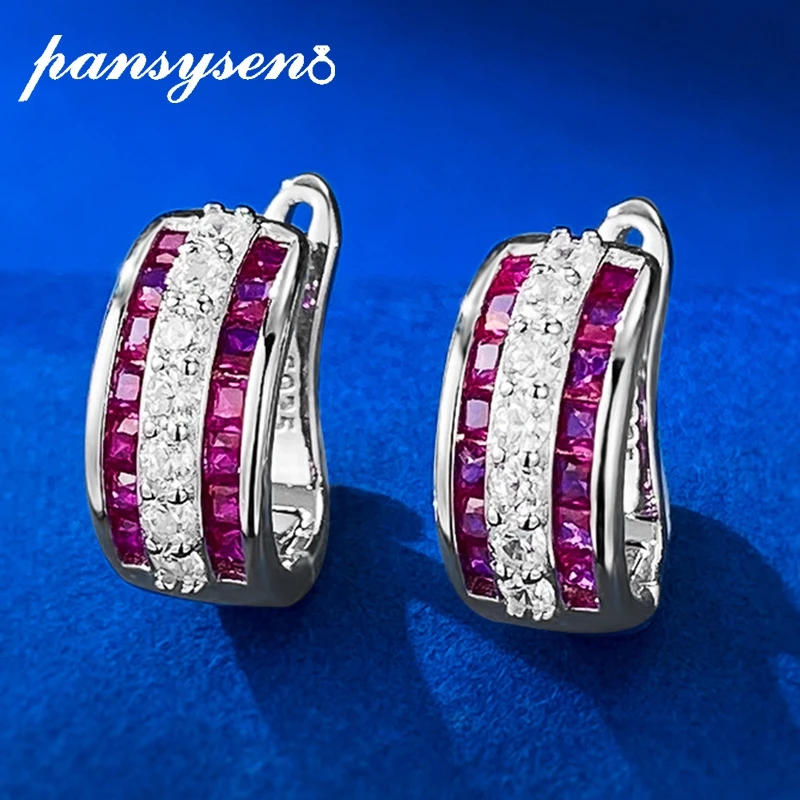 

PANSYSEN Trendy 100% 925 Sterling Silver Ruby Sapphire High Carbon Diamond Gemstone Hoop Earrings Wedding Fine Jewelry Wholesale