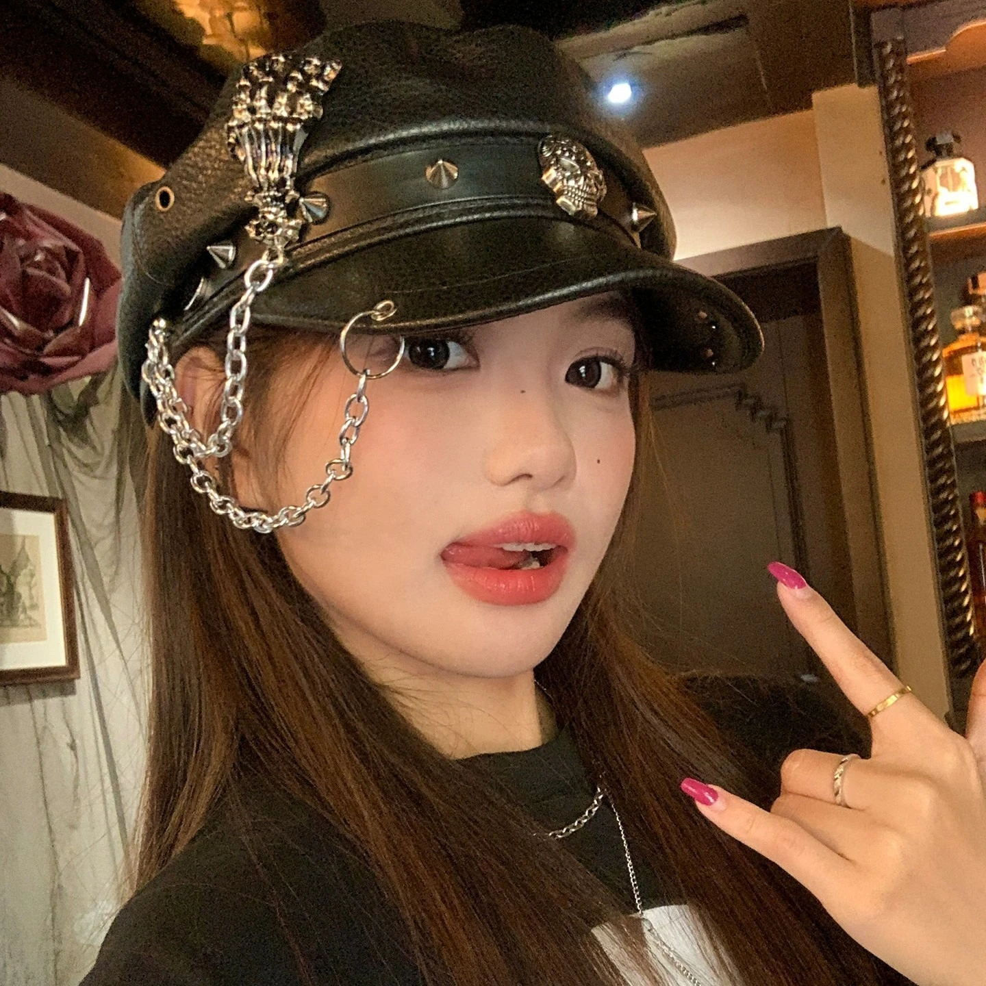 فاسق النمط البريطاني القبعات الإناث بولي Leather الجلود قبعة عادية الجمجمة قارب مرساة سلسلة ربط برشام Harajuku القوطية لوليتا قبعات مثمنة #4