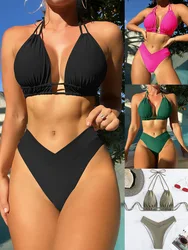 Bikini unicolor de nailon para mujer, bañador Sexy de diseño de modelado, ropa de playa de nuevo estilo, traje de baño 2023