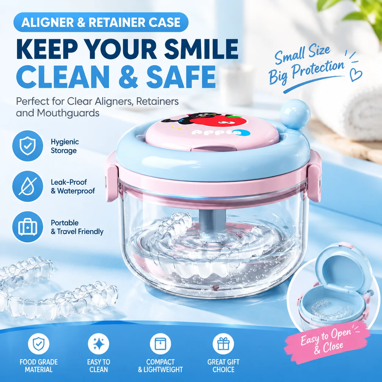 Invisible Aligner Case Portable Retainer Box Leakproof Travel Orthodontic Storage Box with Brush Holder for Braces Denture