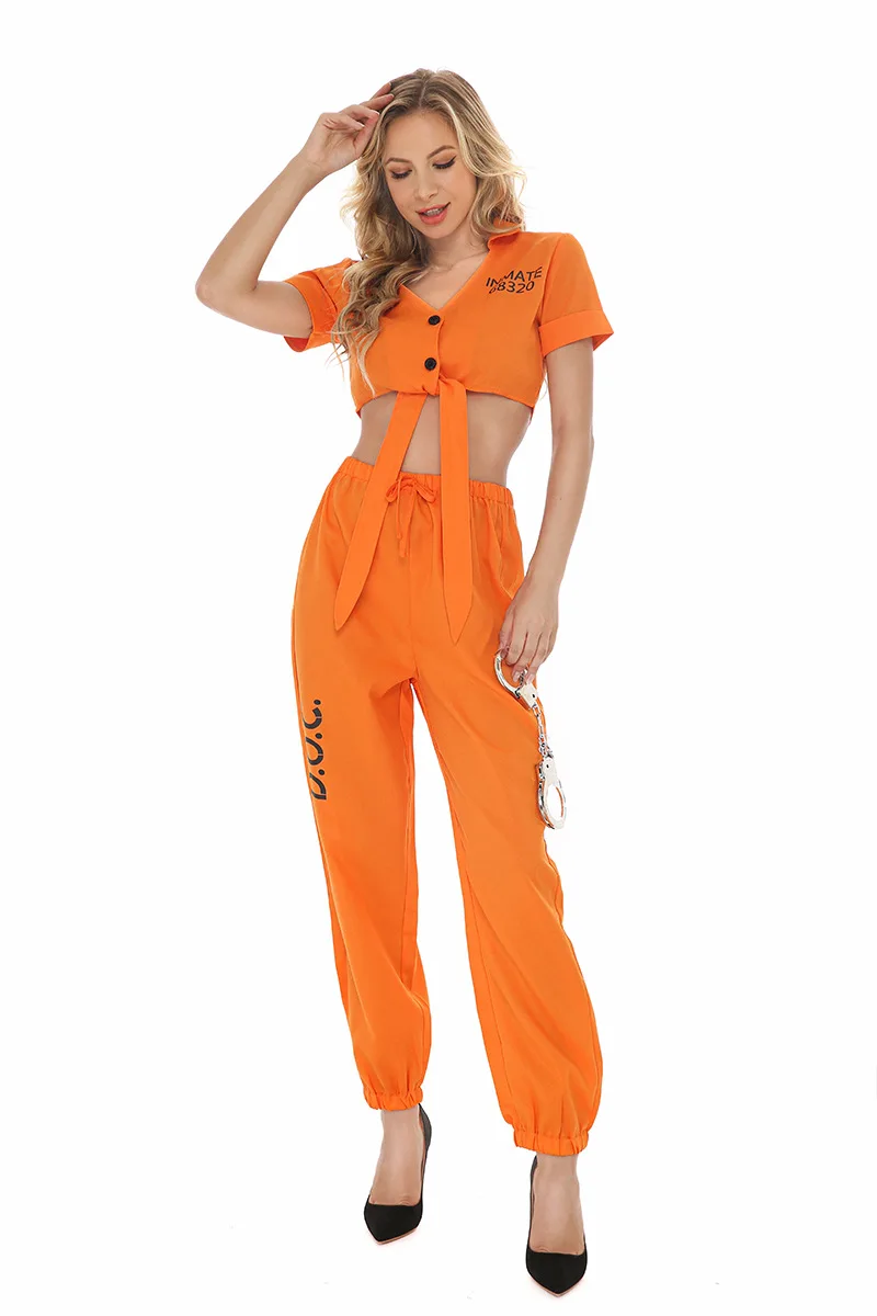 Frauen-Flüchtlingskostüm mit Oberteil und Hose, Cosplay-Kostüm für Halloween-Party und Karneval, Unisex, Orangefarbenes Gefängnisoutfit – Detail 5