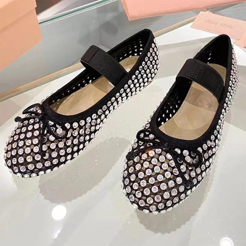 

Brand Desinger New Hollow Out Crystal Loafers Flats Women Shoes Slip On Round Toe Mules High Quality Casual Dancing Shoes