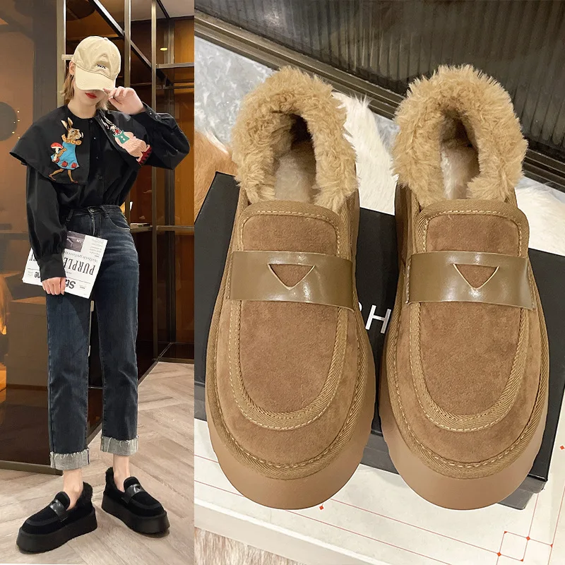 Winter Cotton Shoes Women Retro Round Head Plus Fleece Thick Bottom Warm Woolen Shoes New Fashion Slip-on Flat Cotton Shoes