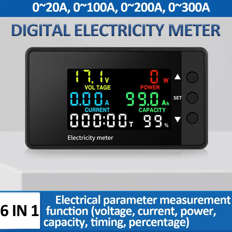 6 w 1 woltomierz amperomierz napięcie prądu moc licznik energii cyfrowy watomierz miernik energii elektrycznej DC 7.5-100V 0-20/100/200/300A