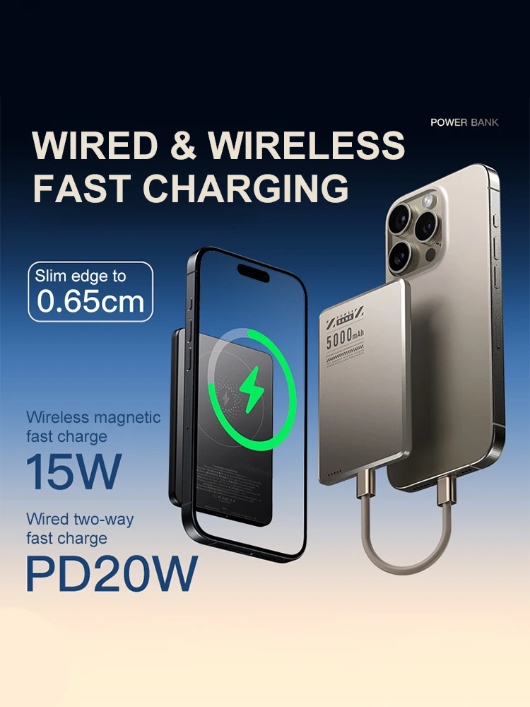 Ultra-Slim Magnetic Power Bank 5000mAh PD20W Wireless Power bank Fast Wired & Wireless Charging For iPhone 12/13/14/15/16 Pro