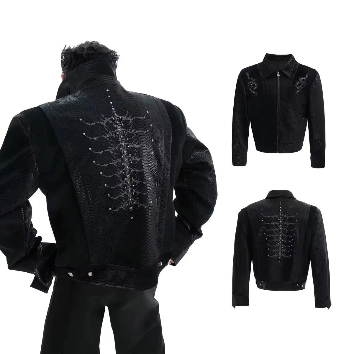 Leather Coat Pleated Design Streetwear Motorcycle Personalized Punk Thick  Jacket Spine Snake Pattern Rivet Autumn Streetwear
