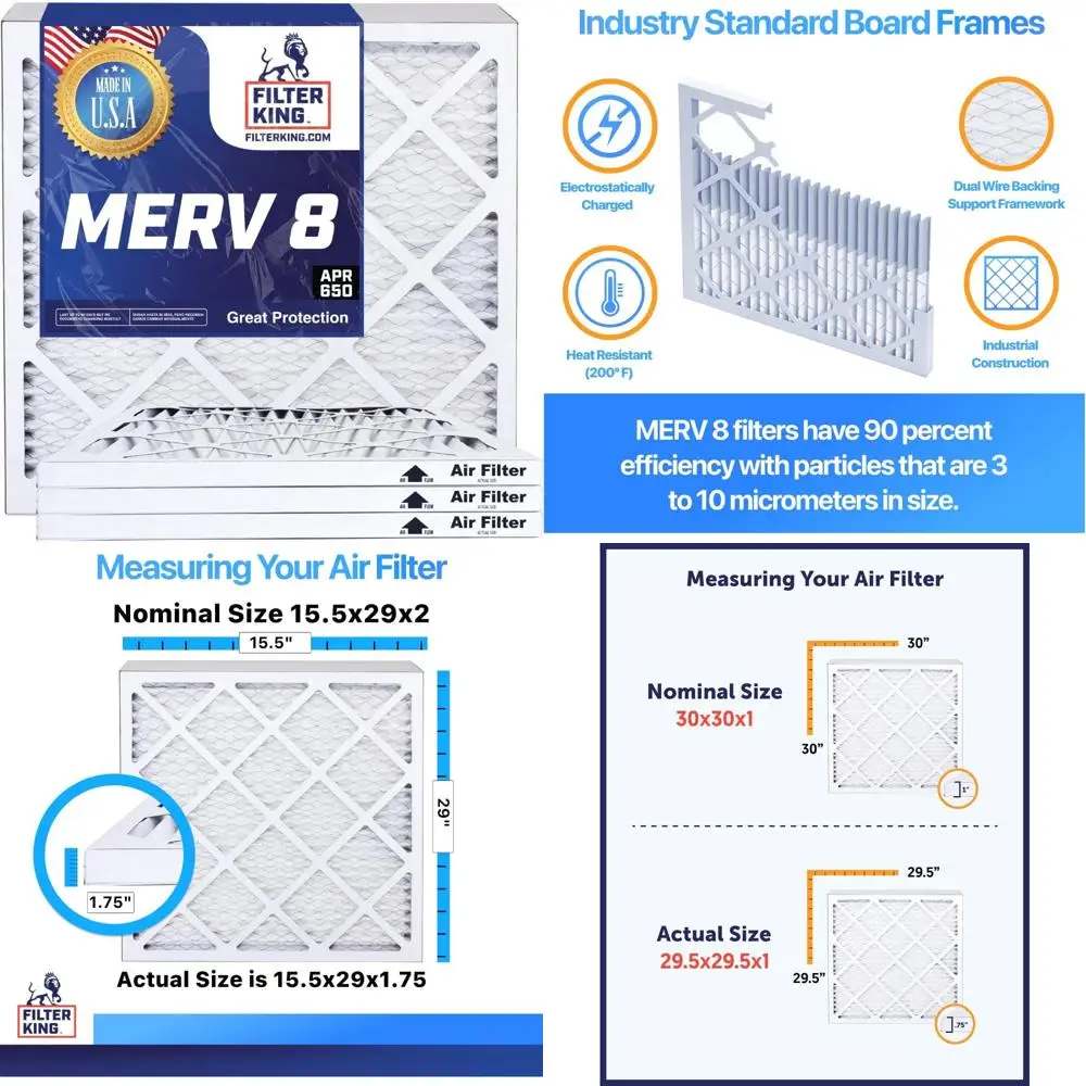 

HVAC Air Filters Pleated AC Furnace MERV 8 6-Pack 15.5 x 29 x 1.7 Actual Size Made in USA
