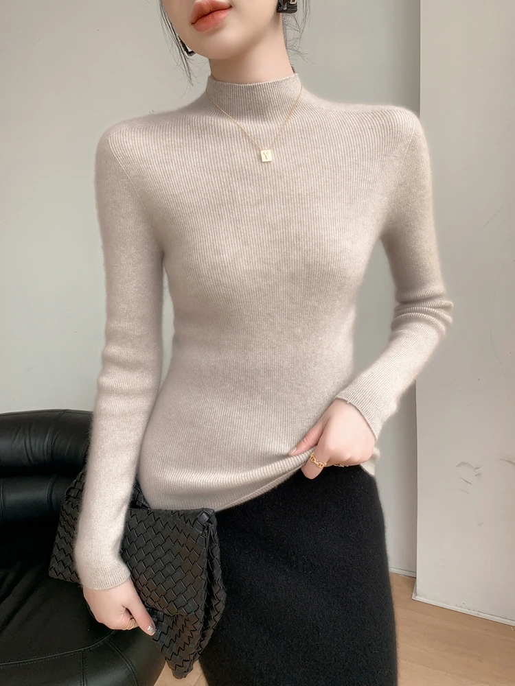 Women 100% Cashmere Sweater Mock Neck Pullover Autumn Winter Slim Basic Cashmere Knitwear Soft Warm High Strecth Pullover Tops