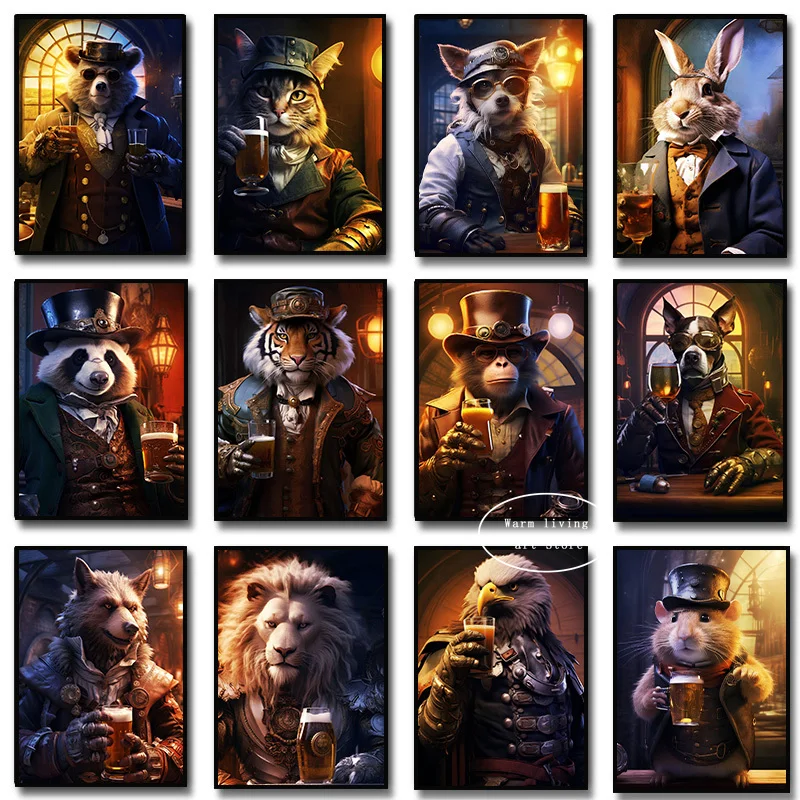 Funny Steampunk Cat Bear Rabbit Wolf Gorilla Drinking Beer Poster Tiger Lion Wolf Drivie Car Canvas Painting Wall Art Home Decor