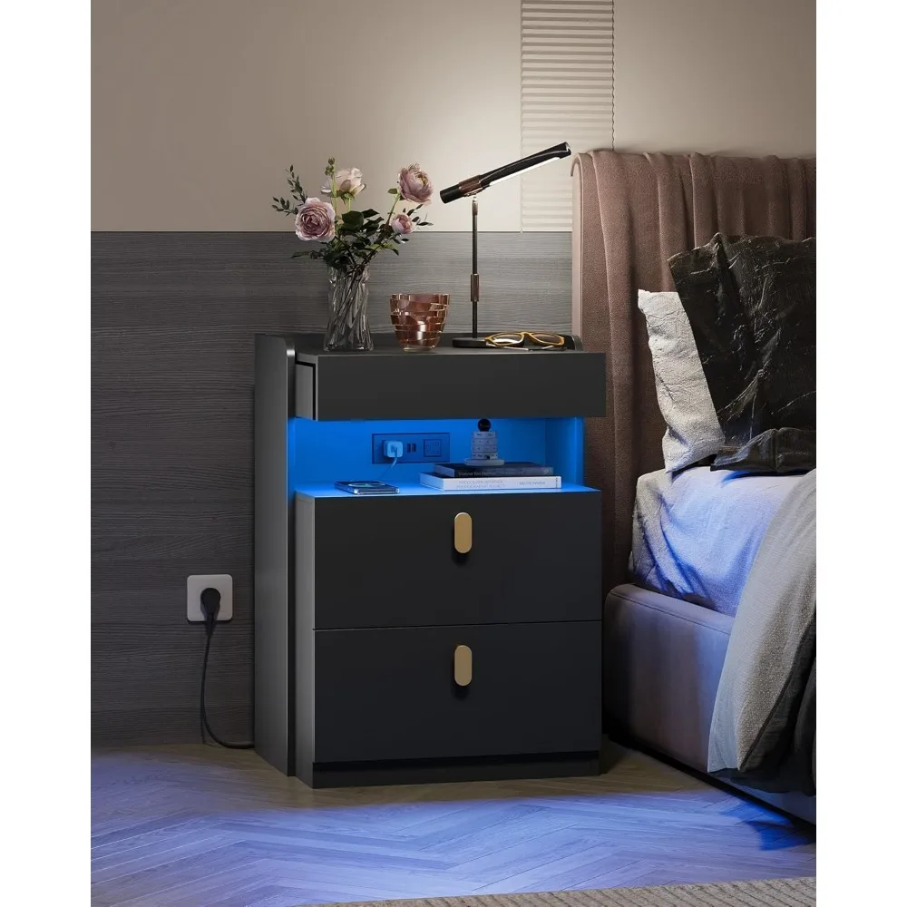 WLIVE LED Nighstand Set of 2 مع محطة شحن، مجموعات حوامل ليلية مع سطح منزلق، طاولات بجانب السرير مع أدراج، طاولة نهائية f