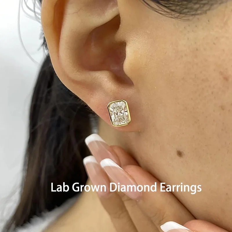 IGI Certified 2.0ct E/VS Radiant Cut Lab Grown Diamond Bezel Setting Earrings 14K Yellow Gold Premium Luxury Fine Ear Jewelry