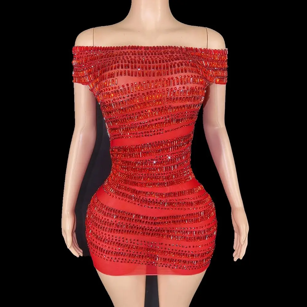 

Sparkly Red Rhinestones Short Dress for Women Sexy Off-shoulder Mesh See Through Evening Prom Celebrate Birthday Dress