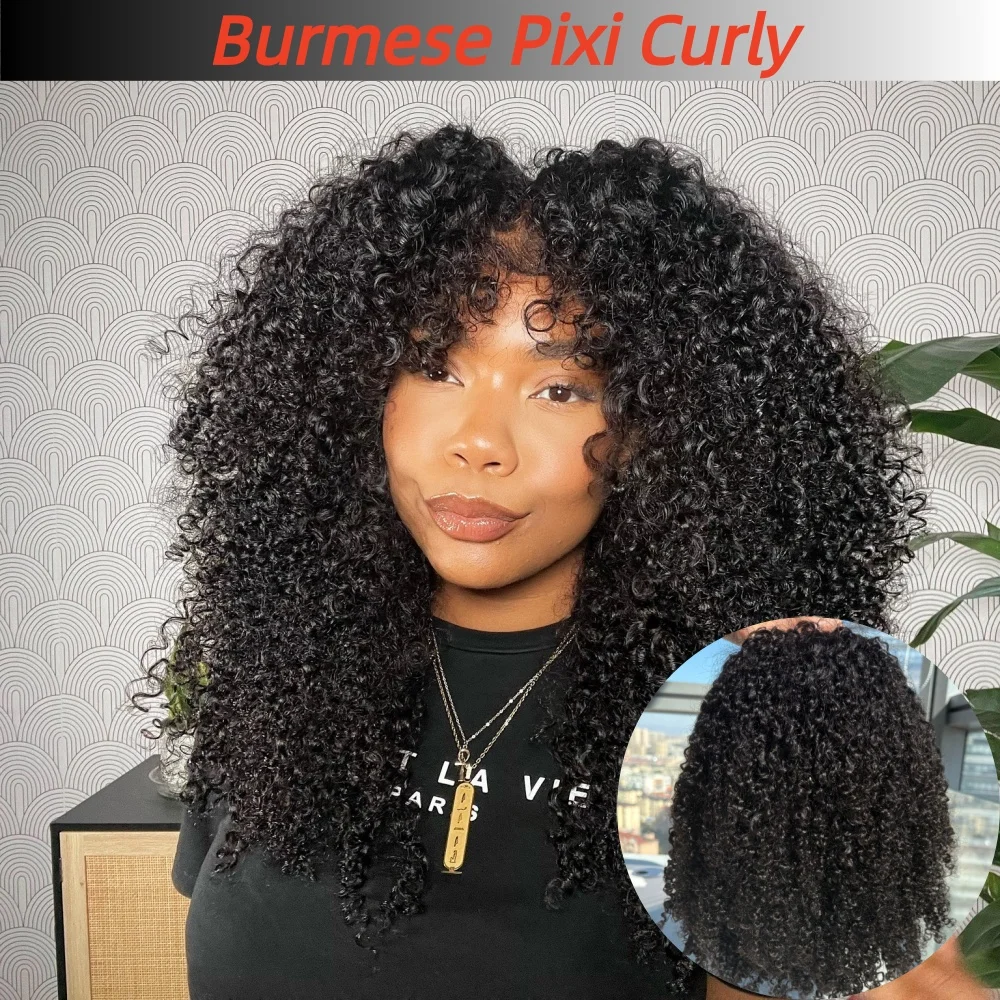 

Burmese Pixi Curly Human Hair Wigs Headband Half Wig Jerry Curly Glueless Wigs Natural Black Colored Full Machine Made Half Wigs