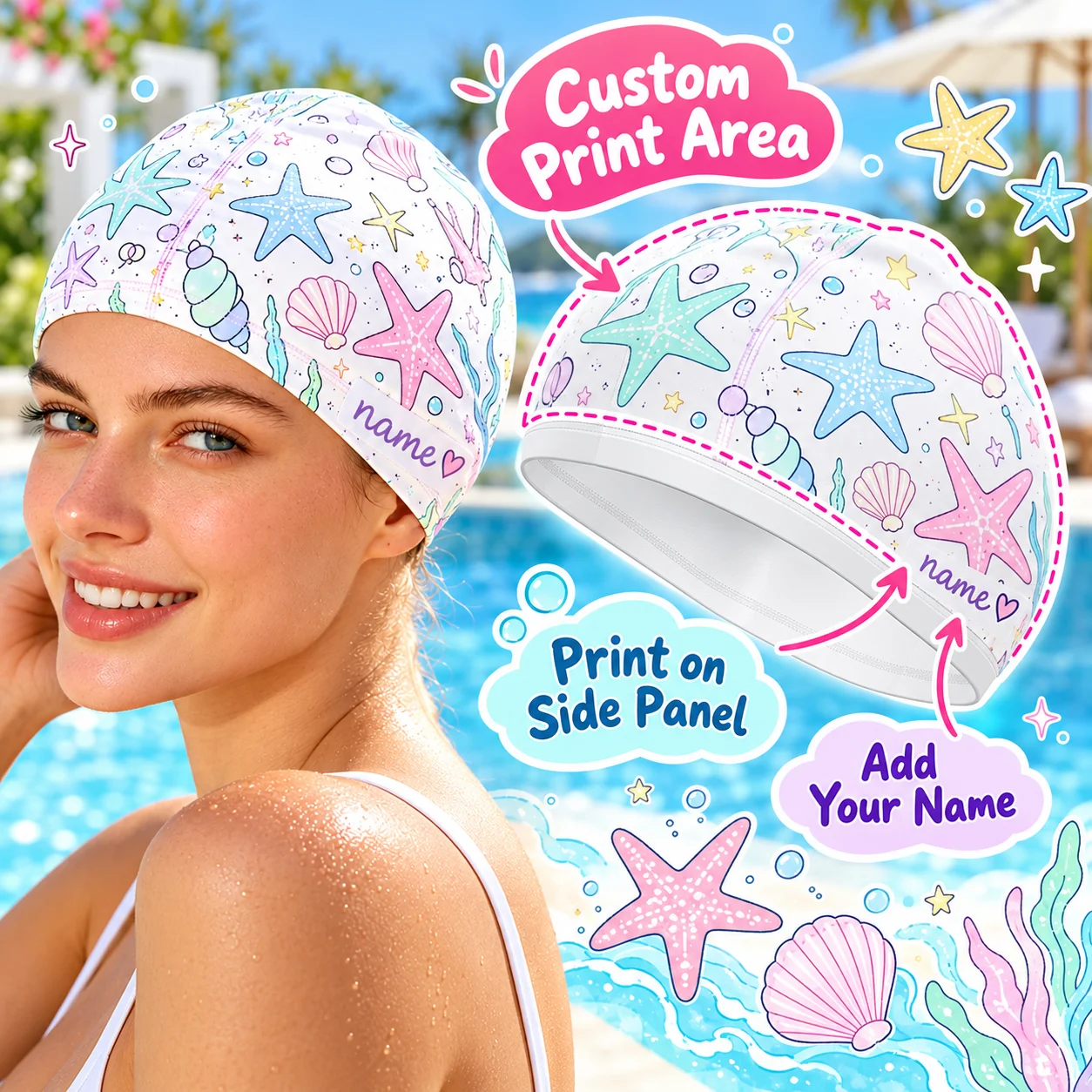 Custom Swim Cap Personalized Swimming Cap Polyester Spandex Lycra Fabric for Swimming Pool Beach Training Surfing Water Sports