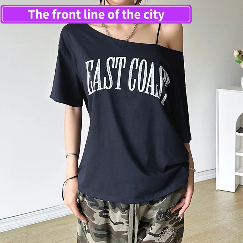 

Sexy Slim Lace Par Dr Summer New Street Faion Print Cotton ort Sve One-oulder Bodycon T-irt for Women