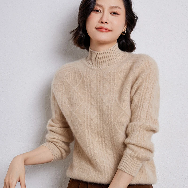 Autumn And Winter New Thick 100% Wool Sweater Women\'s Sweater Semi-High Collar Long Sleeve Pullover Casual Bottoming Shirt Top.