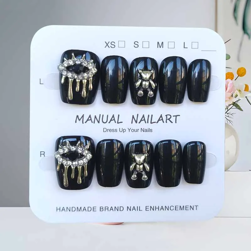10 Stück cooler schwarzer Punk-Stil, kurzer Stil mit Diamant, zum Aufdrücken der Nägel, 3D-schwarze Herzen, künstliche Nägel, Trend-Nagelaufkleber, Nagelflicken