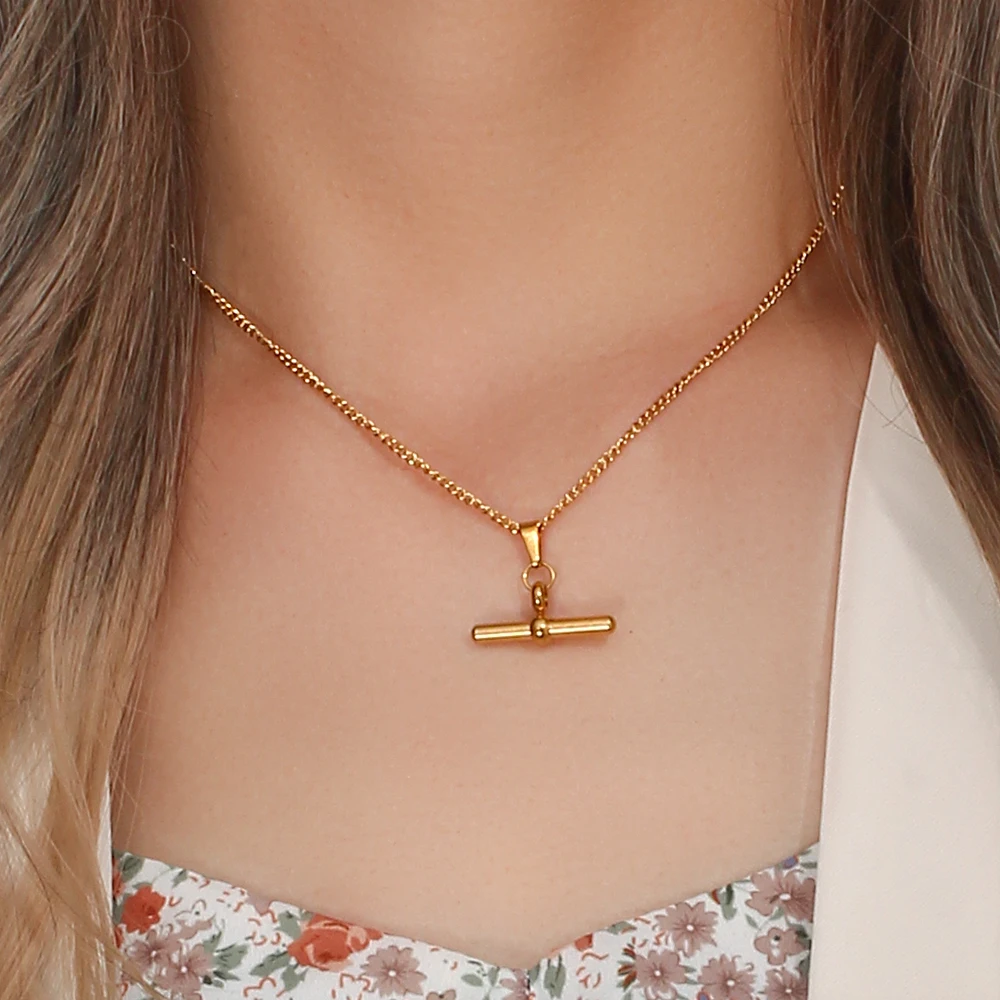 2022 New Stainless Steel 18K Gold Plated Minimalist Design T Bar Pendant Necklace For Woman Girl's Ladies Gold Jewelry