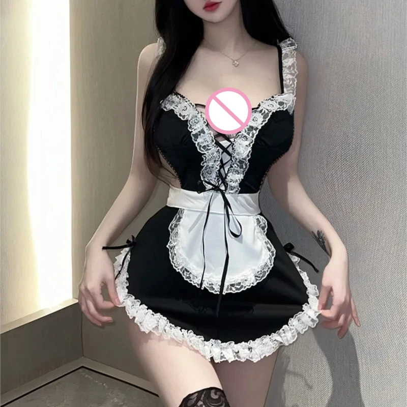 

Sexy Suspender Lace Black Dress Pure Desire Girl Cosplay Naughty Maid Uniform Temptation Suit Nightclub Bar Performance Costume