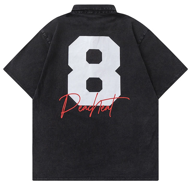 Contrast Paneled Polo Shirt Men Streetwear Letter Print Casual Retro Washed Top Summer Couple Short Sleeve T-shirt Men Clothing