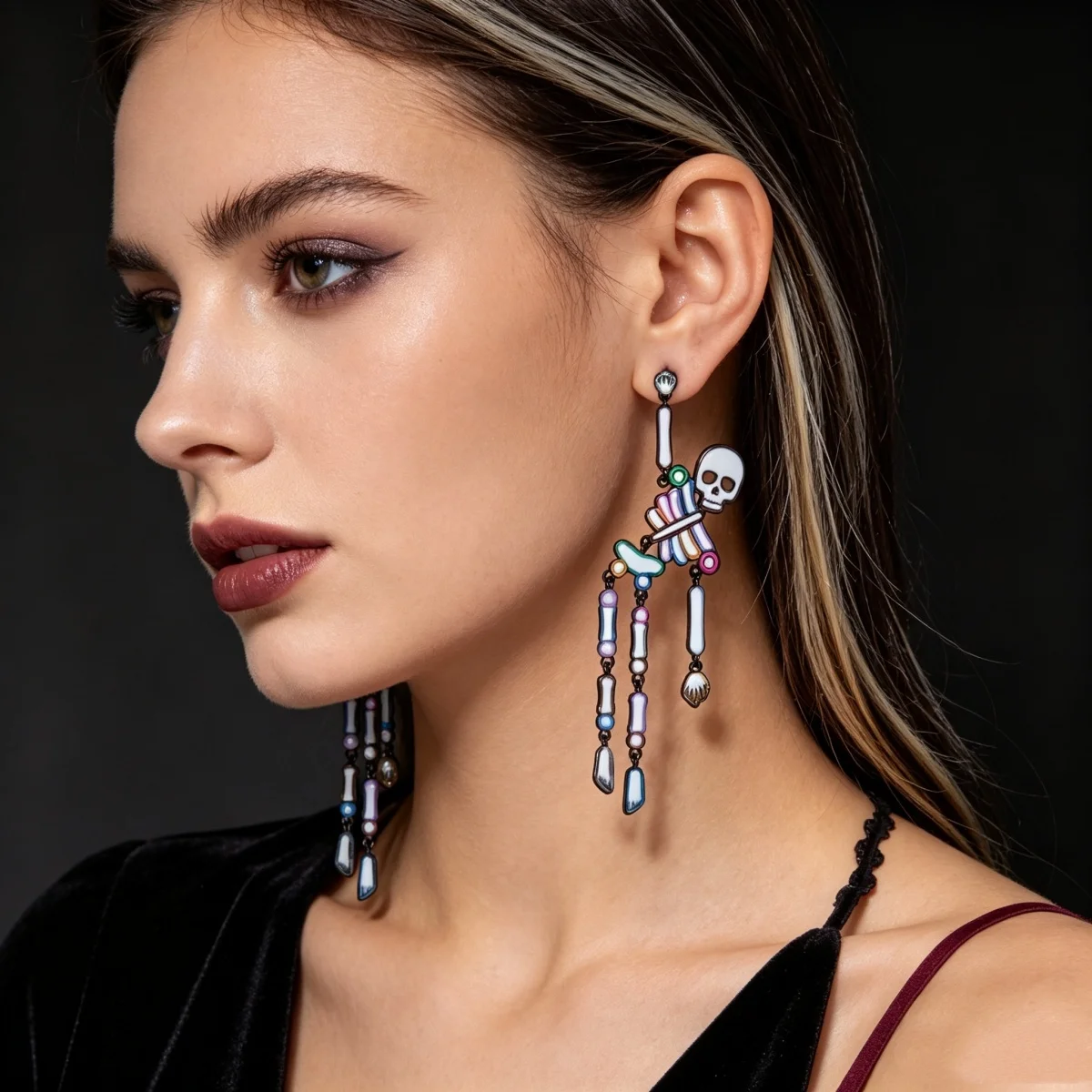 Gotische, dunkle, farbenfrohe Emaille-Totenkopf-Ohrhänger für Damen und Herren, Halloween-Strass-Skelett-Spinnen-Ohrhänger, Partyschmuck – Detail 6