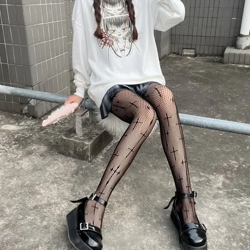 Collants gothiques Lolita pour filles, imprimés Crux, chaussettes longues en maille et Nylon pour femmes, bas de corps Sexy de fête, Costumes en résille