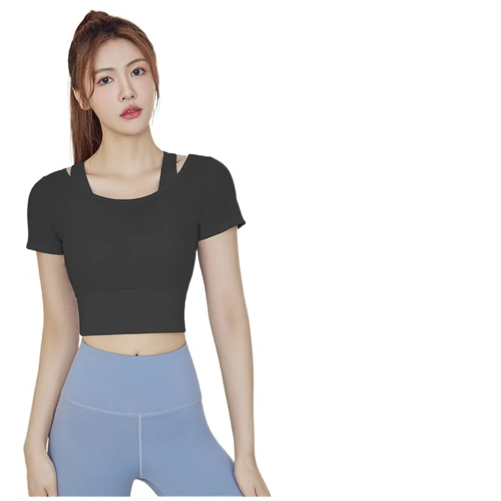 

Slim Fit Short Sleeve Women Yoga Shirts Padded Mesh Fitness Sportswear Fake 2 Pieces Crop Top Gym Tops Running