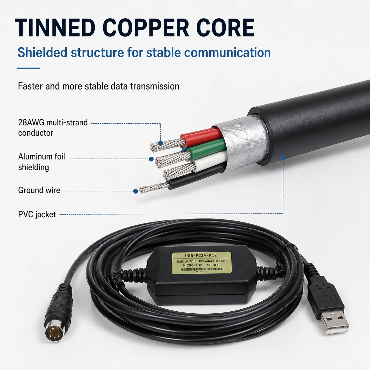 USB-FC2A-KC2 3M PLC Programming Cable, USB to RS485 Download Lead for IDEC MICRO-3 Series