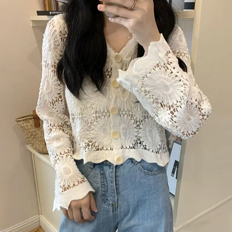 Summer of 2023 The New Ice Silk Hollow Out Brief Paragraph New Thin Slim Coat Knitting Cardigan Sweet Wind Restoring Coat P233