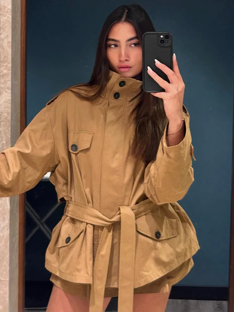 

HH женская мода однобортный комплект с длинными рукавами и высоким воротником с карманами и поясом, осенняя куртка + повседневный комплект-кюлотов с эластичной резинкой на талии