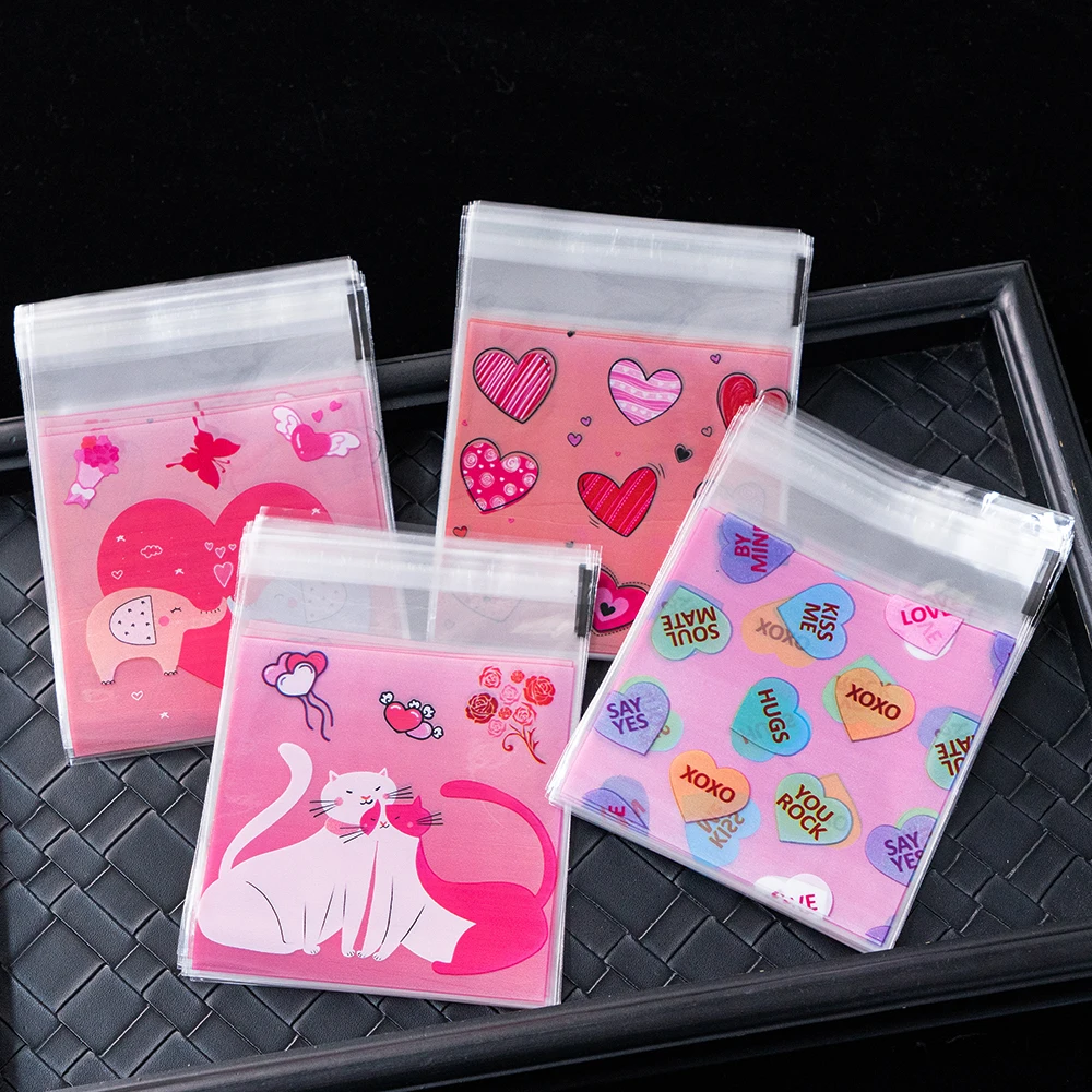 100pcs 10x10cm Mix Valentine Cellophane Bags Cookie Treat Bags Heart Self-Adhesive Clear Plastic Candy Pouch Jewelry Display