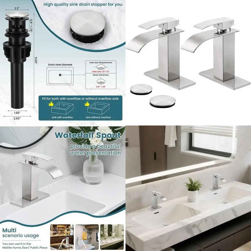 

Modern Brushed Nickel Single Handle Waterfall Bathroom Sink Faucet with Pop-up Drain and Supply Hoses, 2 Pack for 1 or 3 Hole In
