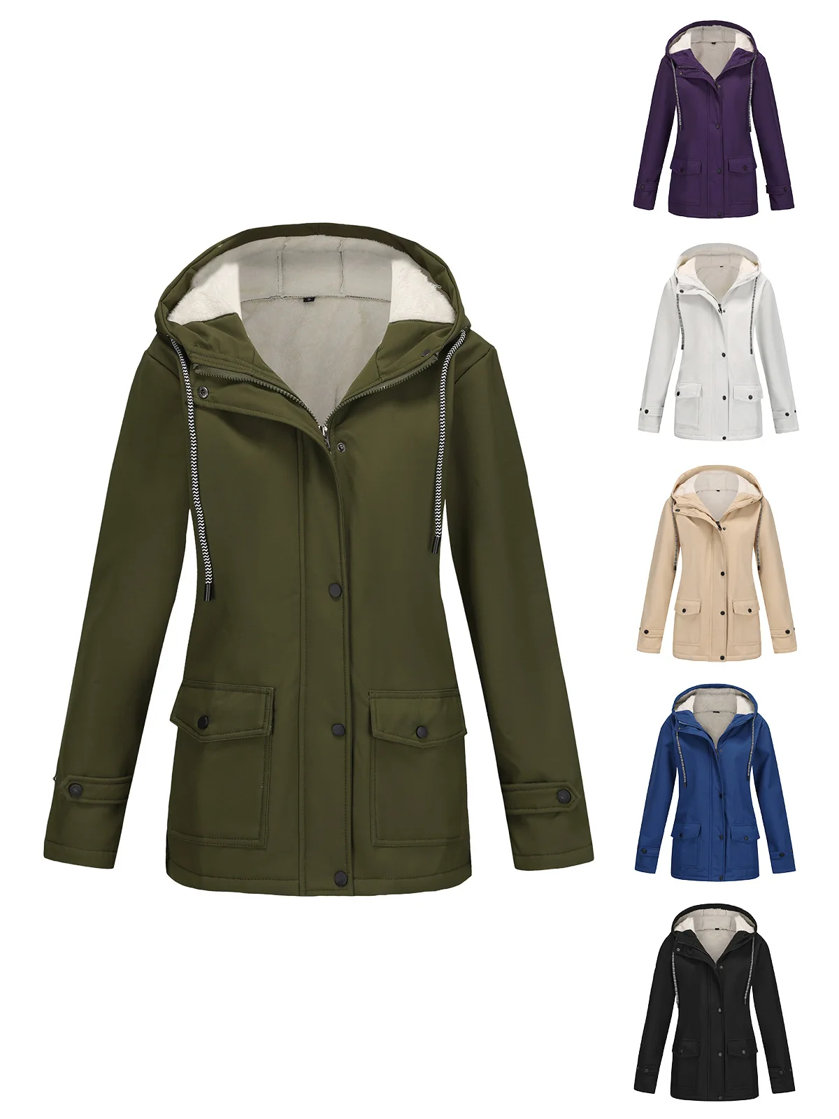 

Women's Hooded Trench Coat Spring Autumn Long-Sleeved Zipper Cardigan Composite Fleece Waterproof Jacket