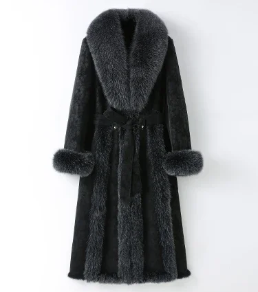 Autumn and Winter Fox Fur Collar Integrated Women's Medium and Long Fur Coat Slim Rabbit Fur