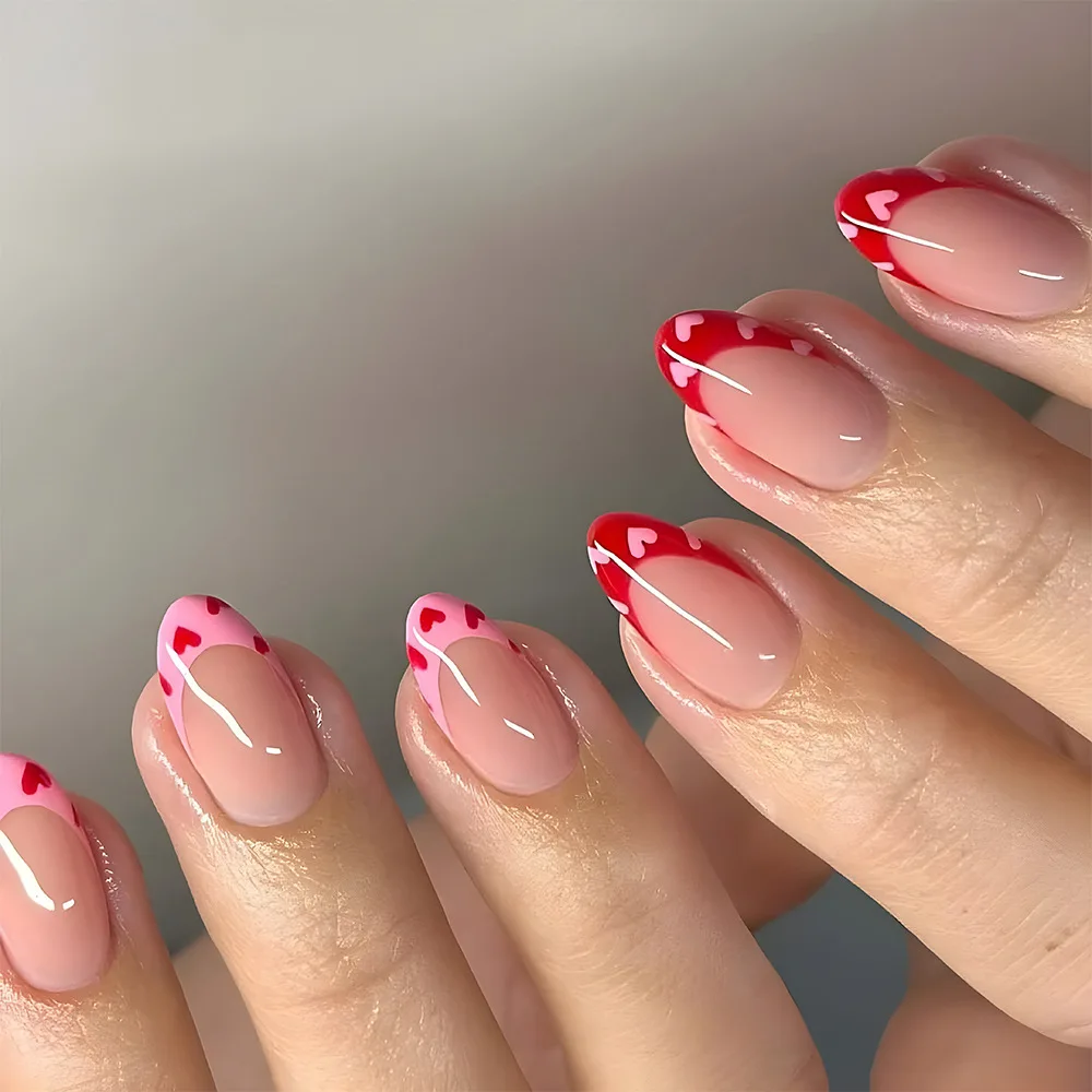 

24pcs Valentine's Day Fake Nails Korean Sweet Pink Red Love Print Press on Nails for Girl Lady Wearable Short French False Nails