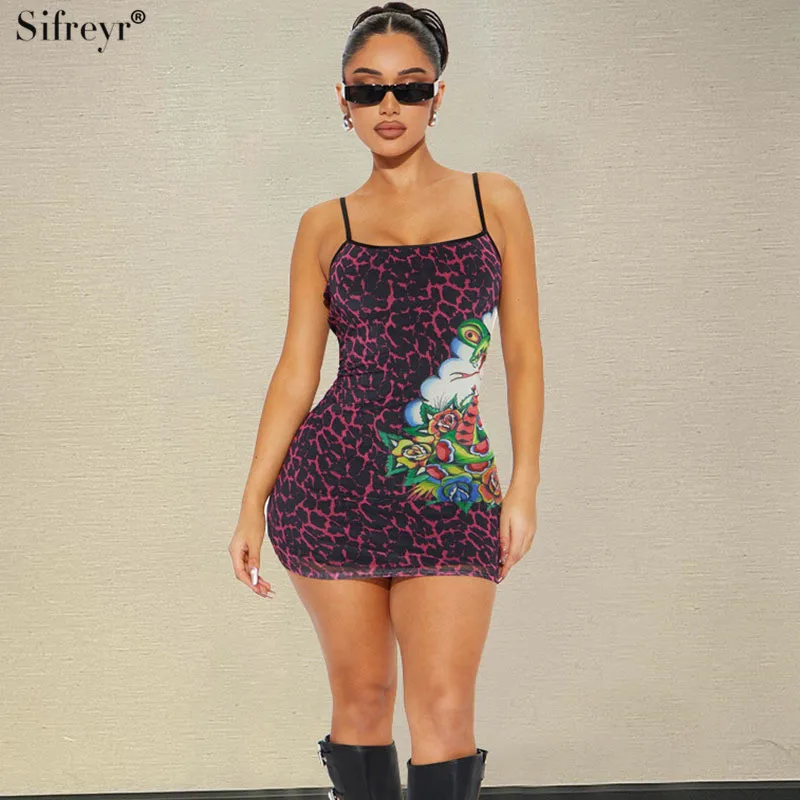 Sifreyr Mesh Printed Spliced Spaghetti Strap Dress One Line Shoulder Sleeveless Backless Wrapped Hip Suspender Short Vestido