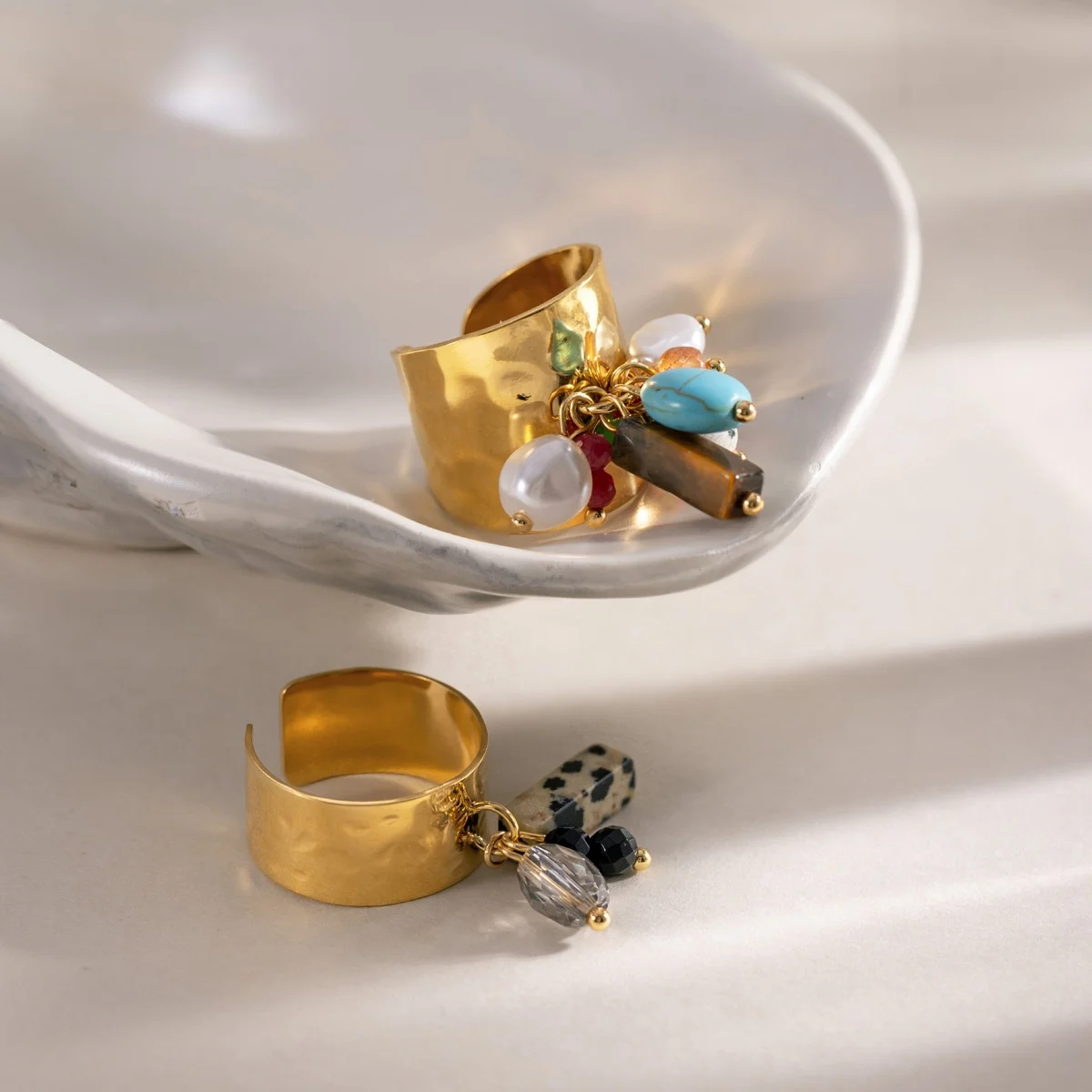Trending Stainless Steel 18K Gold PVD Plated Hammered Wide Band Colorful Natural Stone Charm Open Ring Boho Summer Women Jewelry