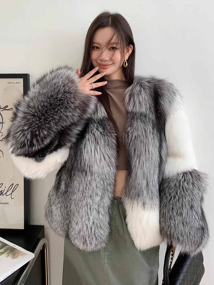 

Luxury Silver Fox Fox Fur Coat for Women 2024 New Contrast Design High-end Simple Thickened Fluffy Winter Real Fur Jacket