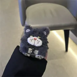 Grey Cat Fluffy Fur Earphone Case for Airpods Pro 2 3 4 Apple Bluetooth earphones Lovely Plush Cover