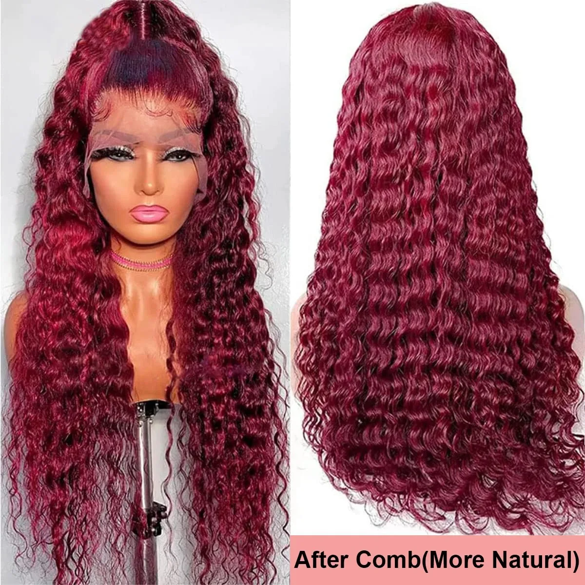 34 Inch Burgundy 13x4 Hd Lace Frontal Human Hair Wig Deep Wave Curly Wigs For Women Water Wave Colored 99j Red Lace Front Wig image 5