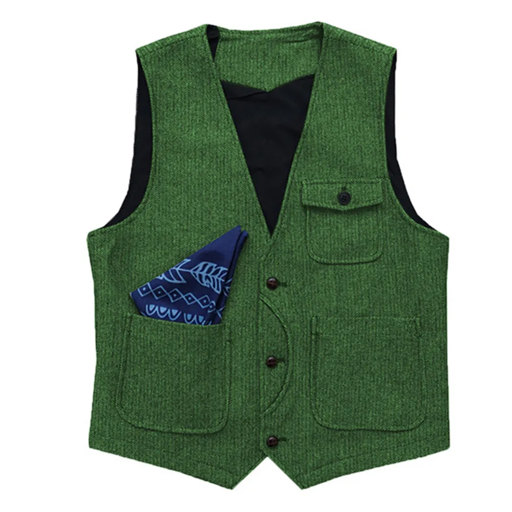 Men Suits Herringbone Wood Vest  V Neck With Real Pocket Slim Fit Formal Business Waistcoat For Groomsemen Wedding